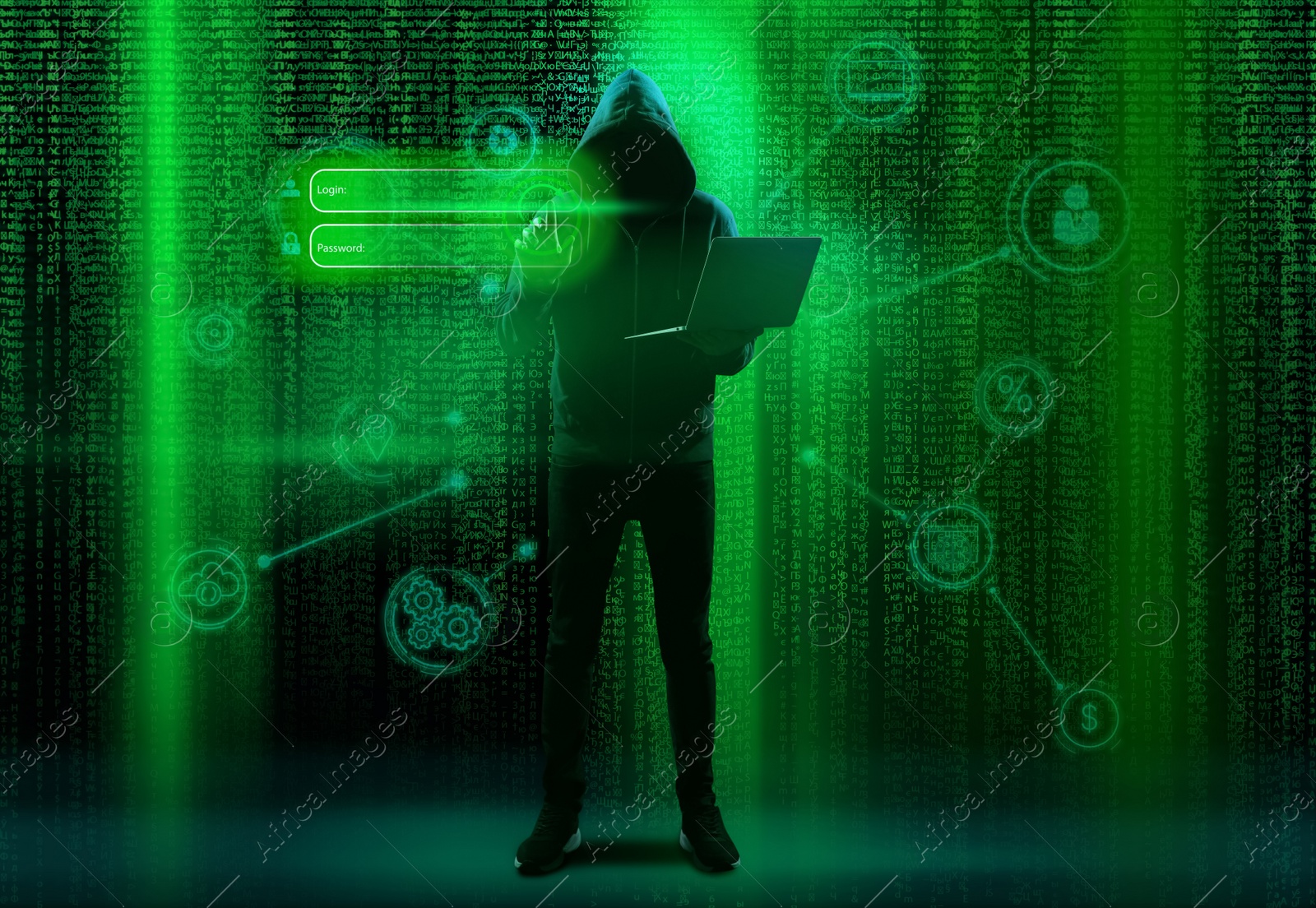 Image of Man in hood with laptop and digital icons on dark background. Cyber attack concept