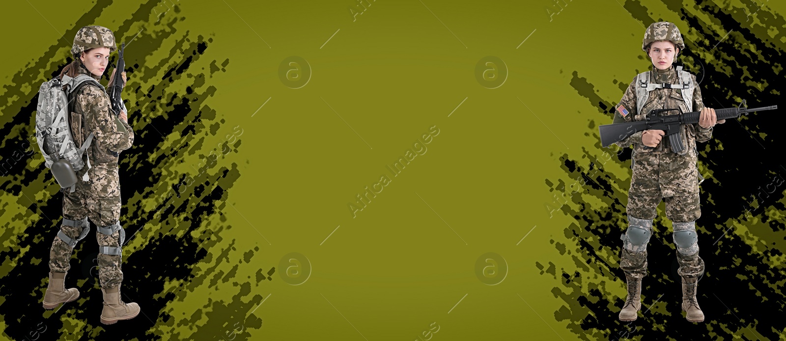 Image of Woman in military uniform with machine gun on color background, banner design. Space for text 