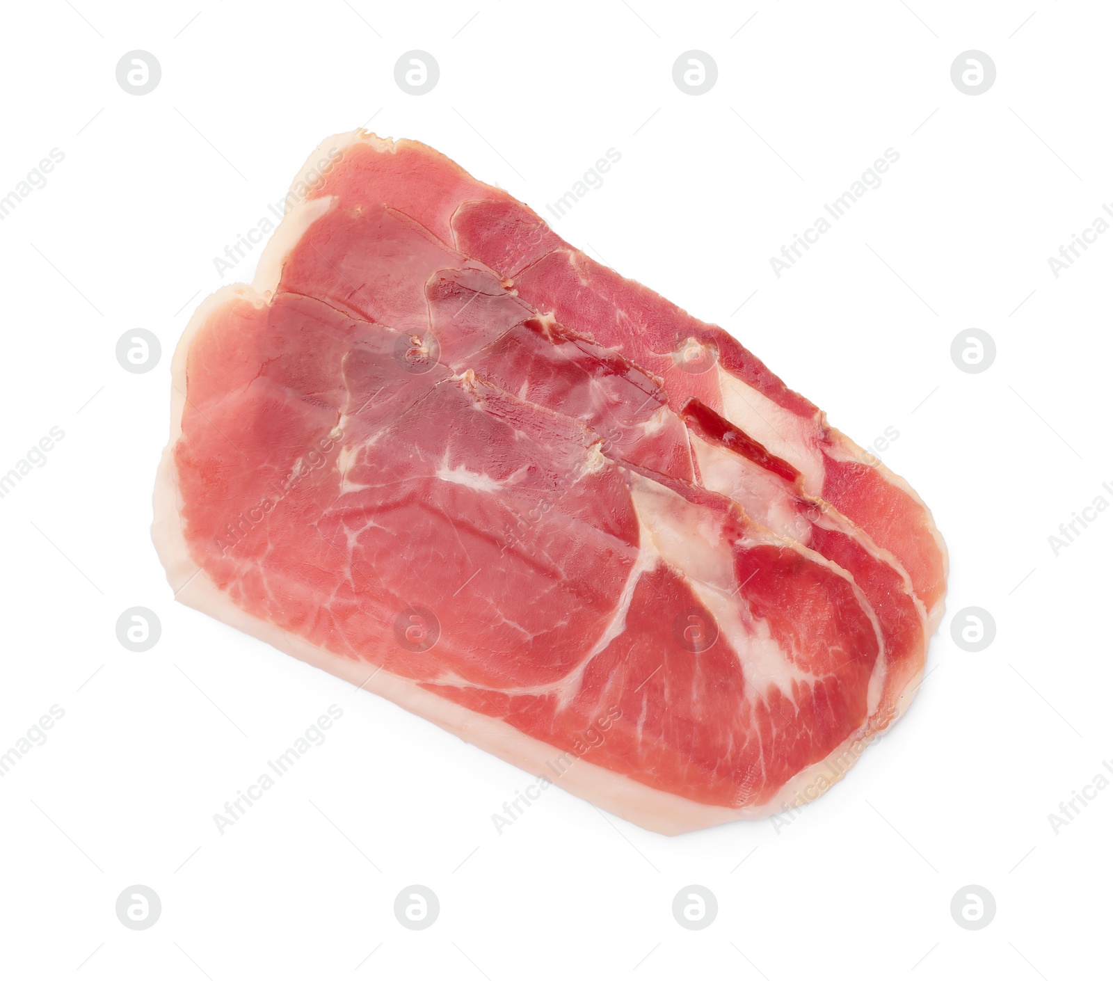 Photo of Slices of delicious jamon isolated on white, top view