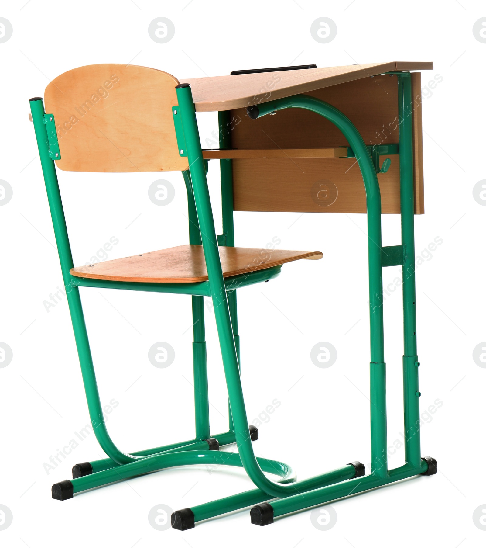 Photo of Empty school wooden desk for classroom on white background