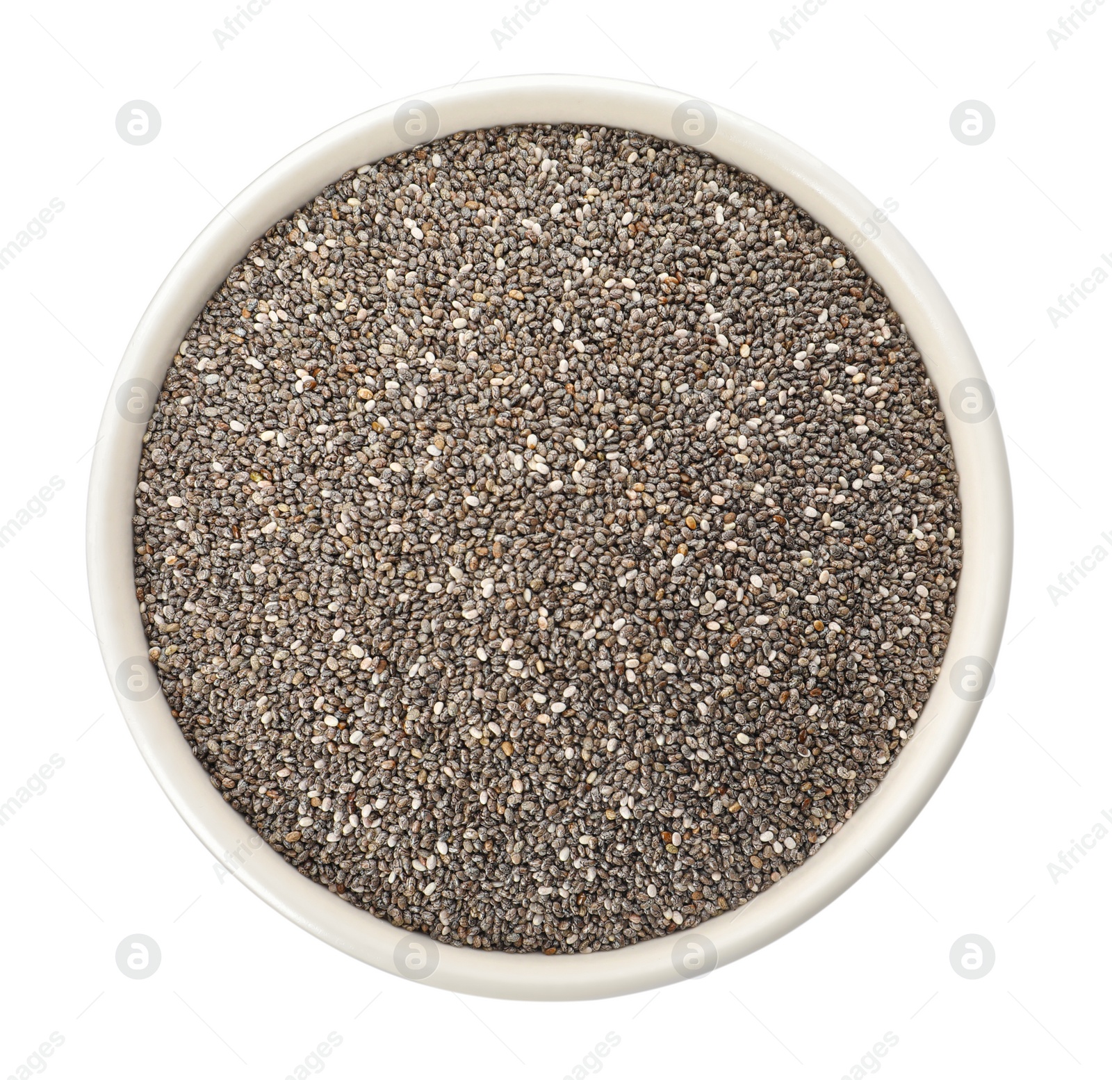 Photo of Chia seeds in bowl isolated on white, top view