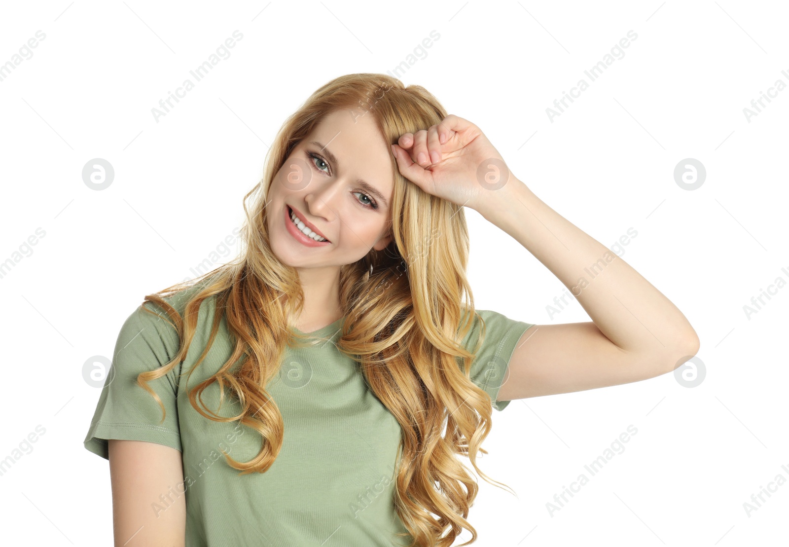 Photo of Portrait of beautiful young woman with dyed long hair on white background