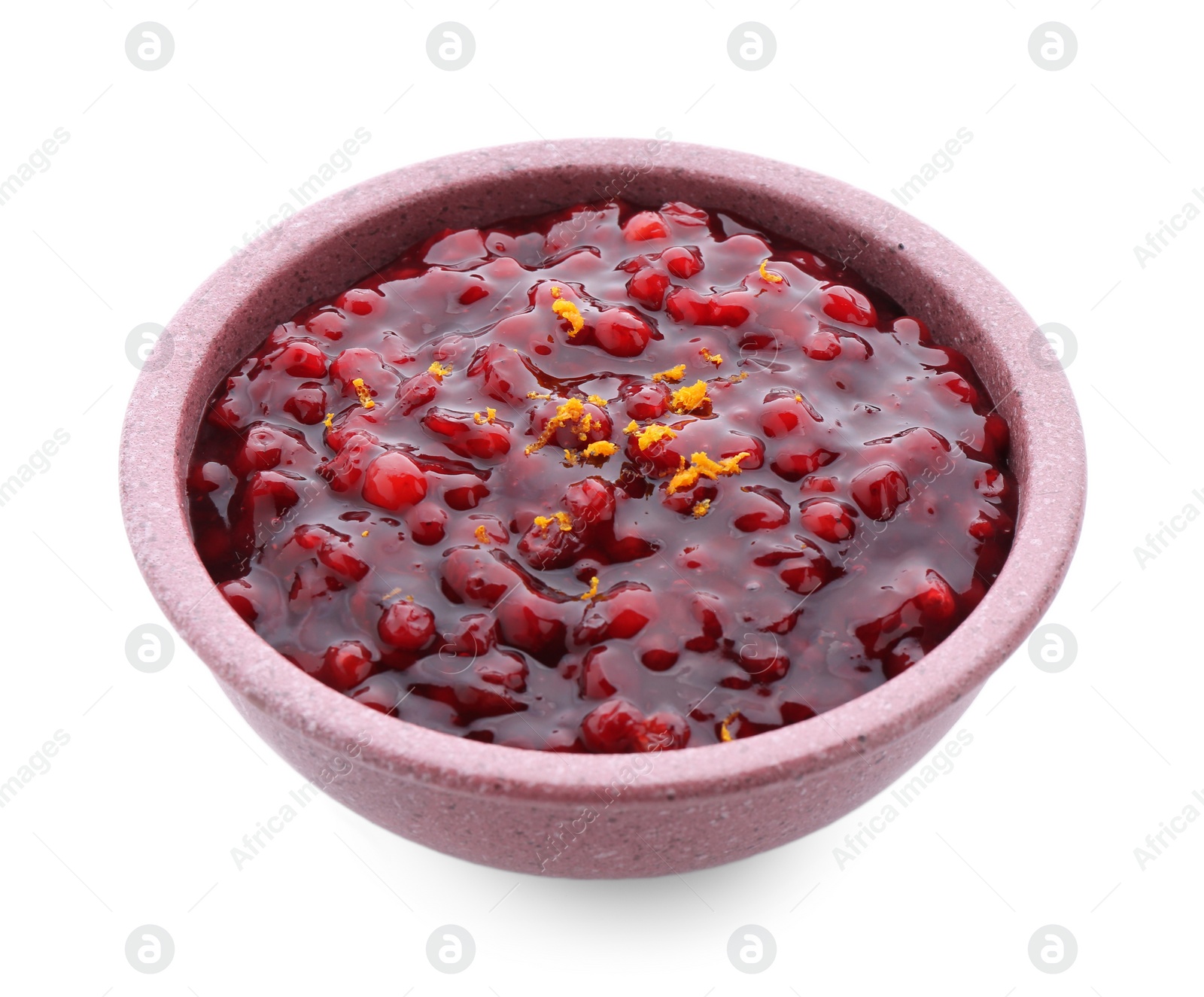 Photo of Tasty cranberry sauce in bowl isolated on white