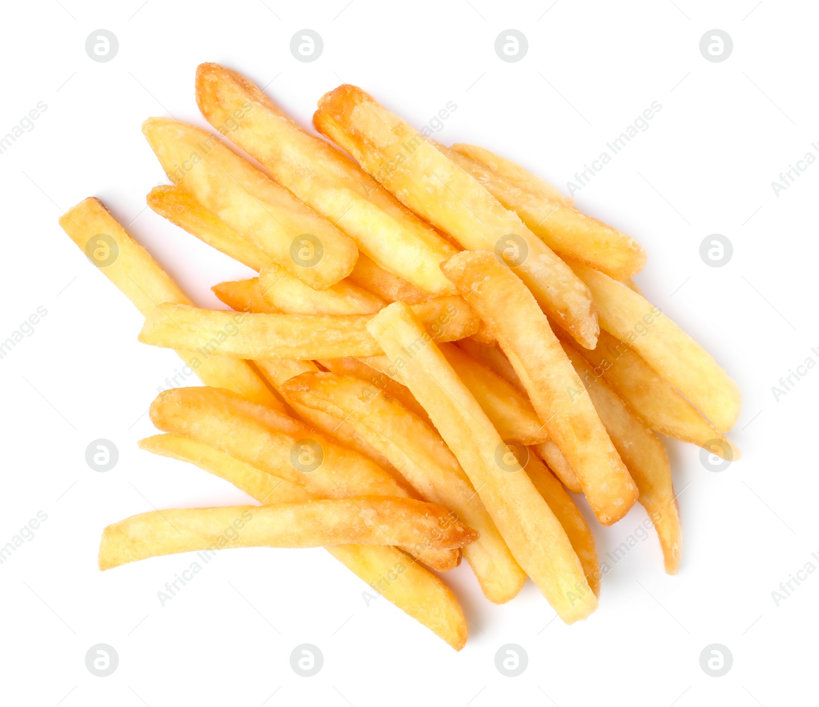 Photo of Delicious fresh french fries on white background, top view