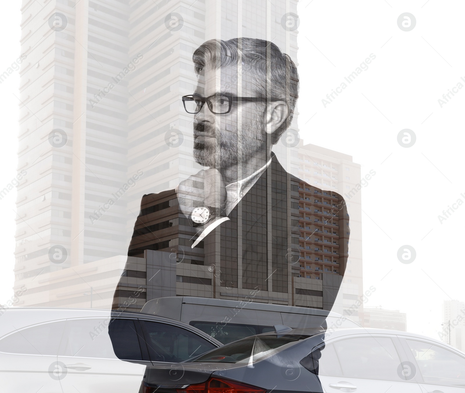 Image of Double exposure of businessman and cityscape with office building