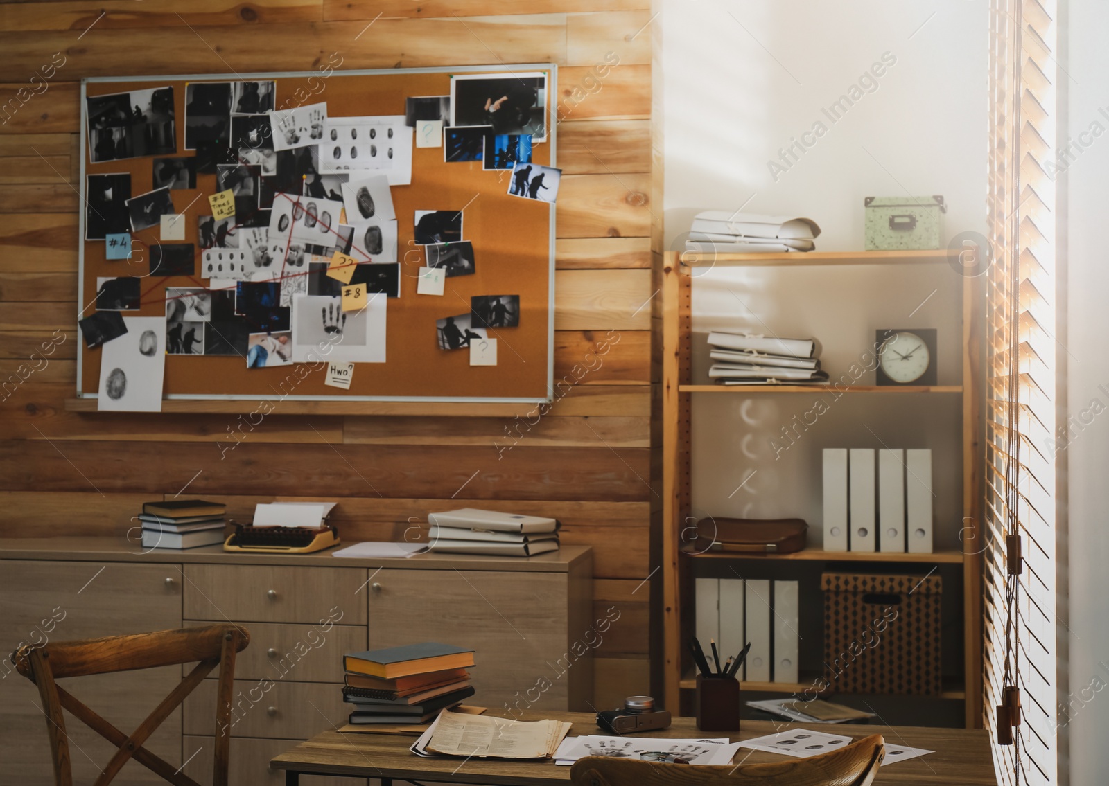 Photo of Detective office interior with evidence board on wall