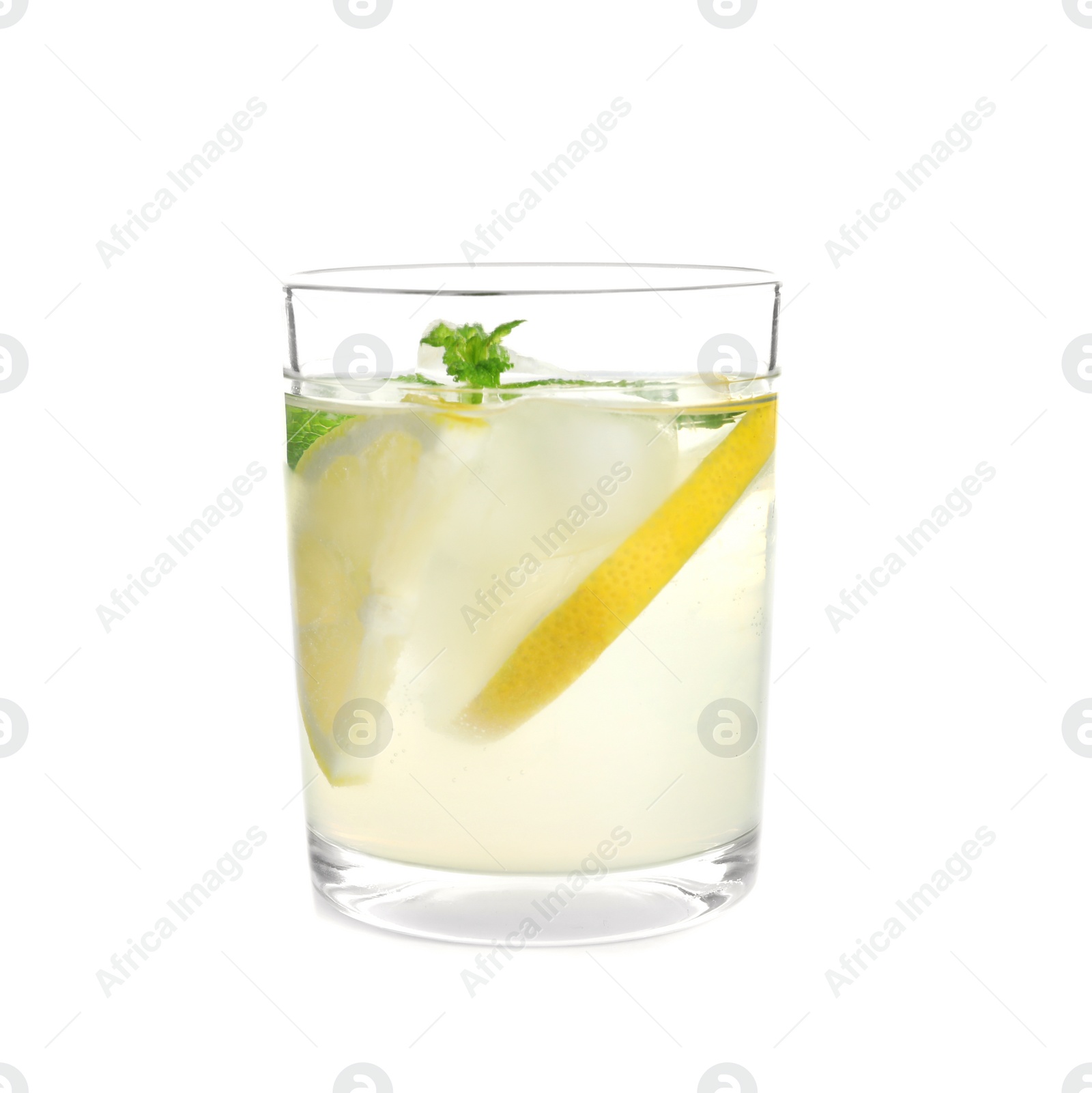 Photo of Glass with natural lemonade on white background