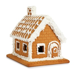 Photo of Beautiful gingerbread house decorated with icing on white background