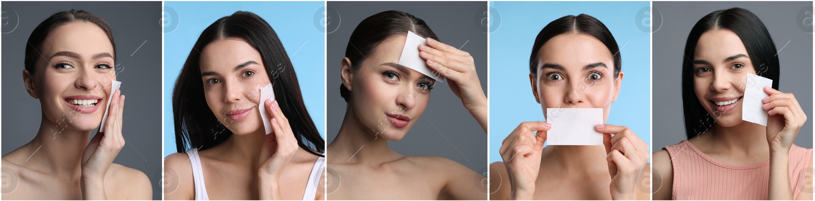 Image of Collage with photos of beautiful women using mattifying wipes on different color backgrounds. Banner design