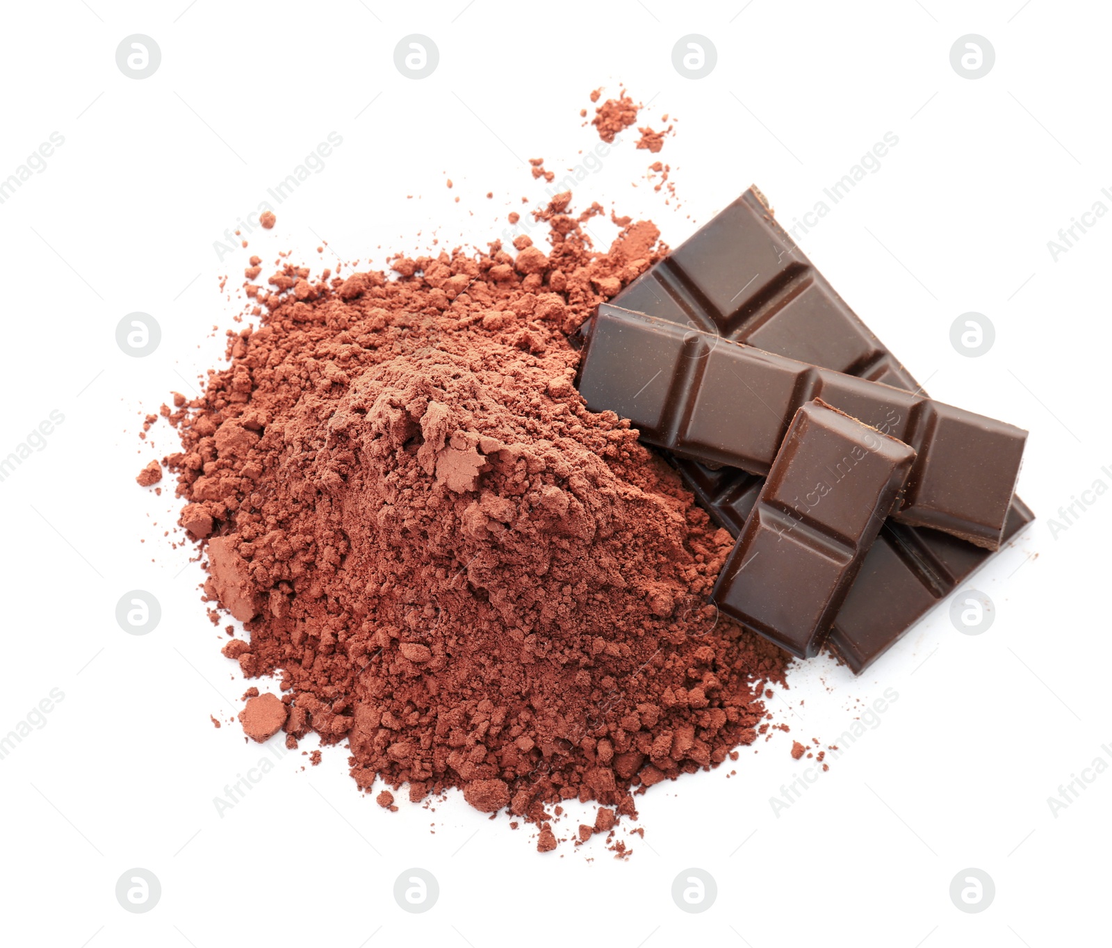 Photo of Cocoa powder and pieces of chocolate on white background