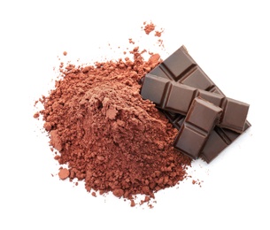 Cocoa powder and pieces of chocolate on white background