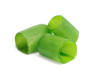 Photo of Pieces of fresh green onion on white background