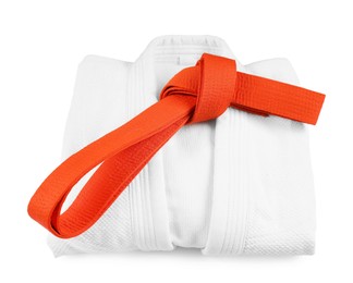 Photo of Martial arts uniform with orange belt isolated on white