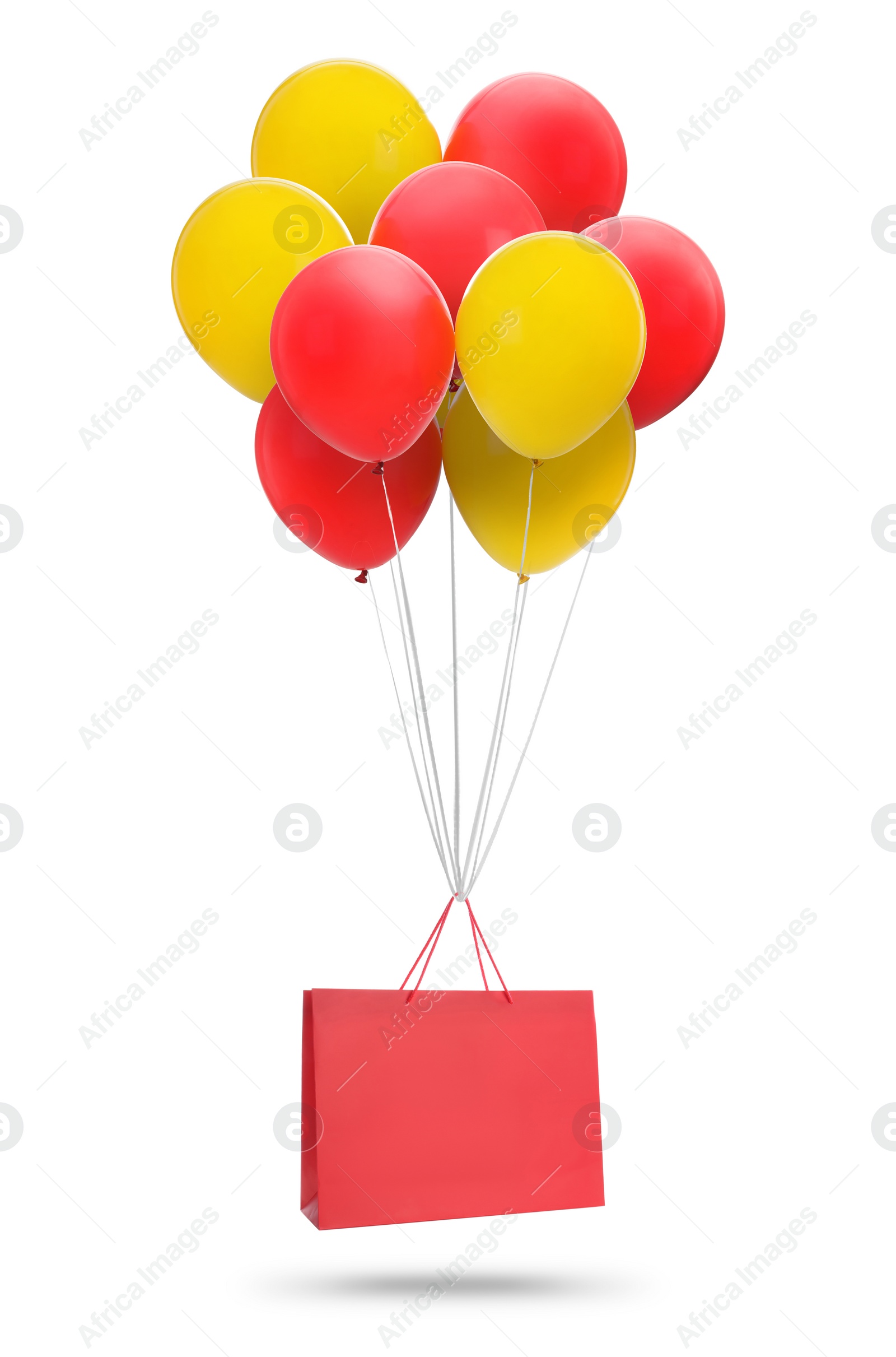 Image of Bunch of color balloons and red paper bag on white background