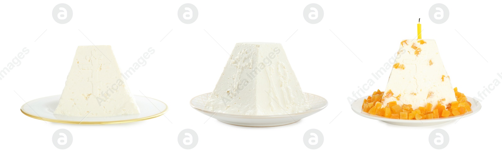 Image of Set with traditional cottage cheese Easter paskhas on white background, banner design
