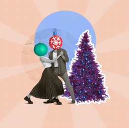 Christmas art collage. Dancing couple with festive balls instead of heads on color background