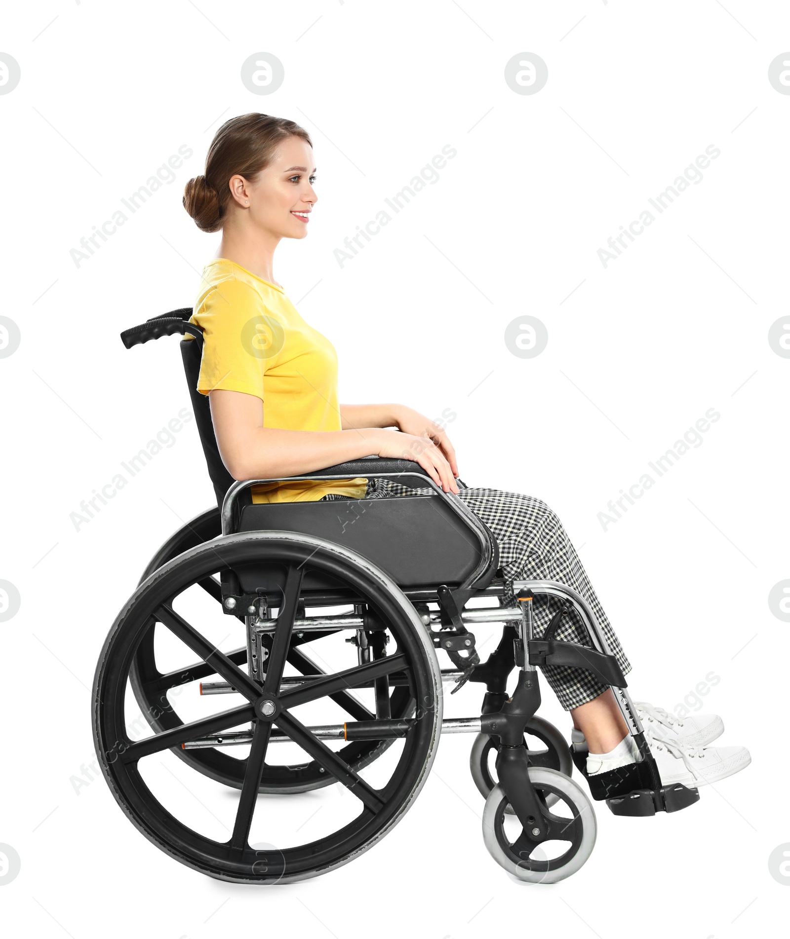 Photo of Portrait of beautiful woman in wheelchair isolated on white