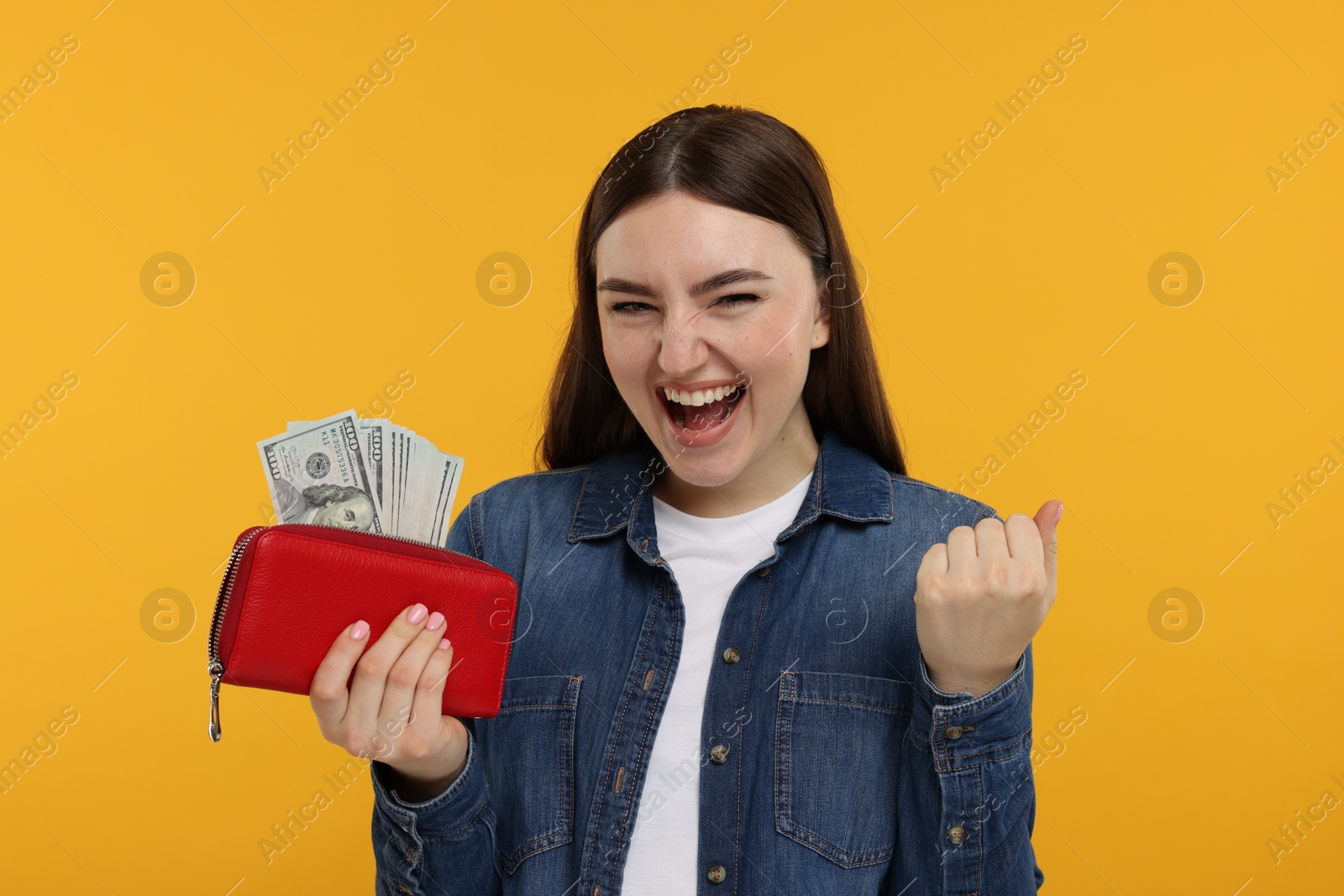 Photo of Excited woman holding wallet with dollar banknotes on orange background