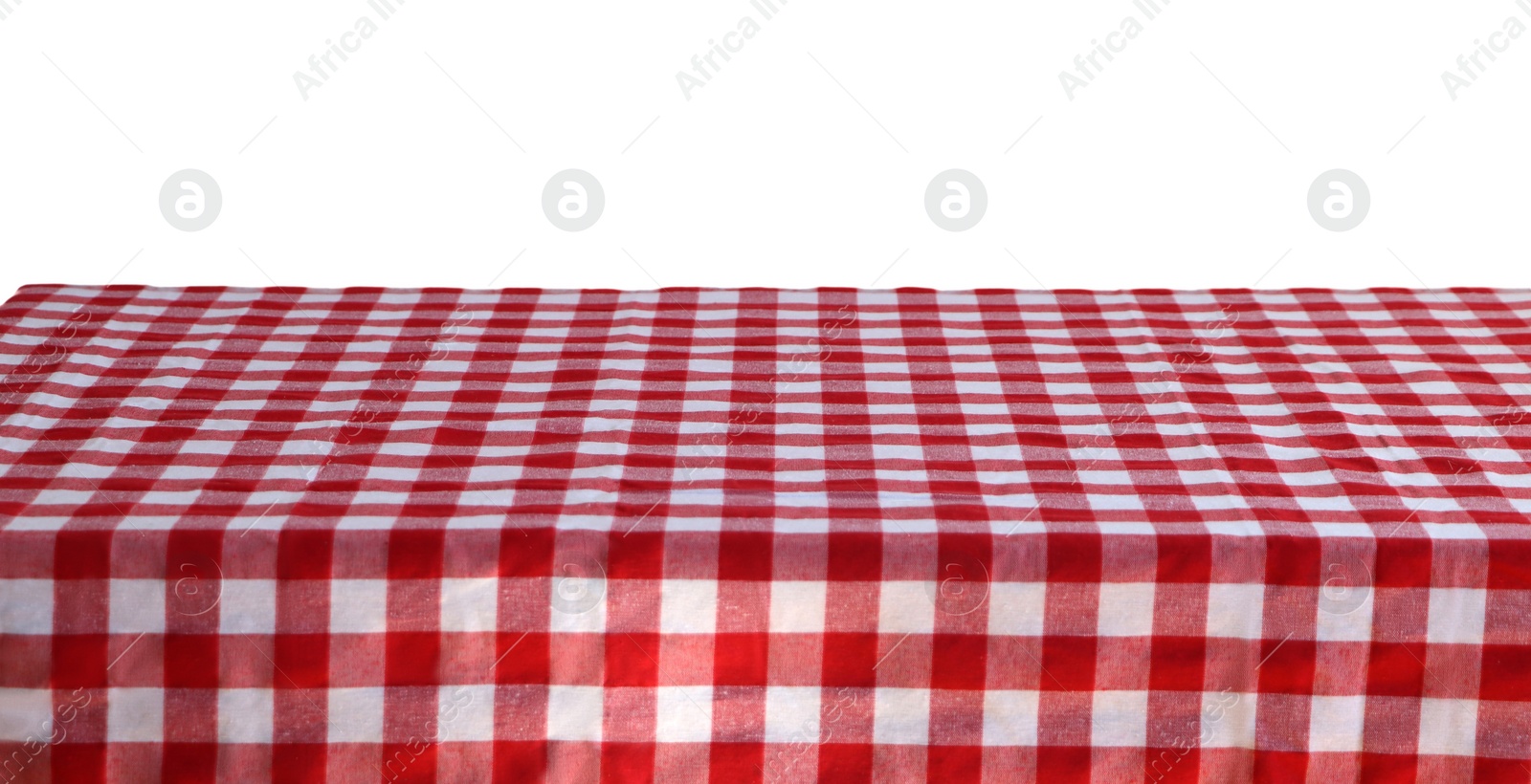 Photo of Table with checkered picnic cloth isolated on white