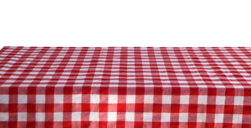 Photo of Table with checkered picnic cloth isolated on white