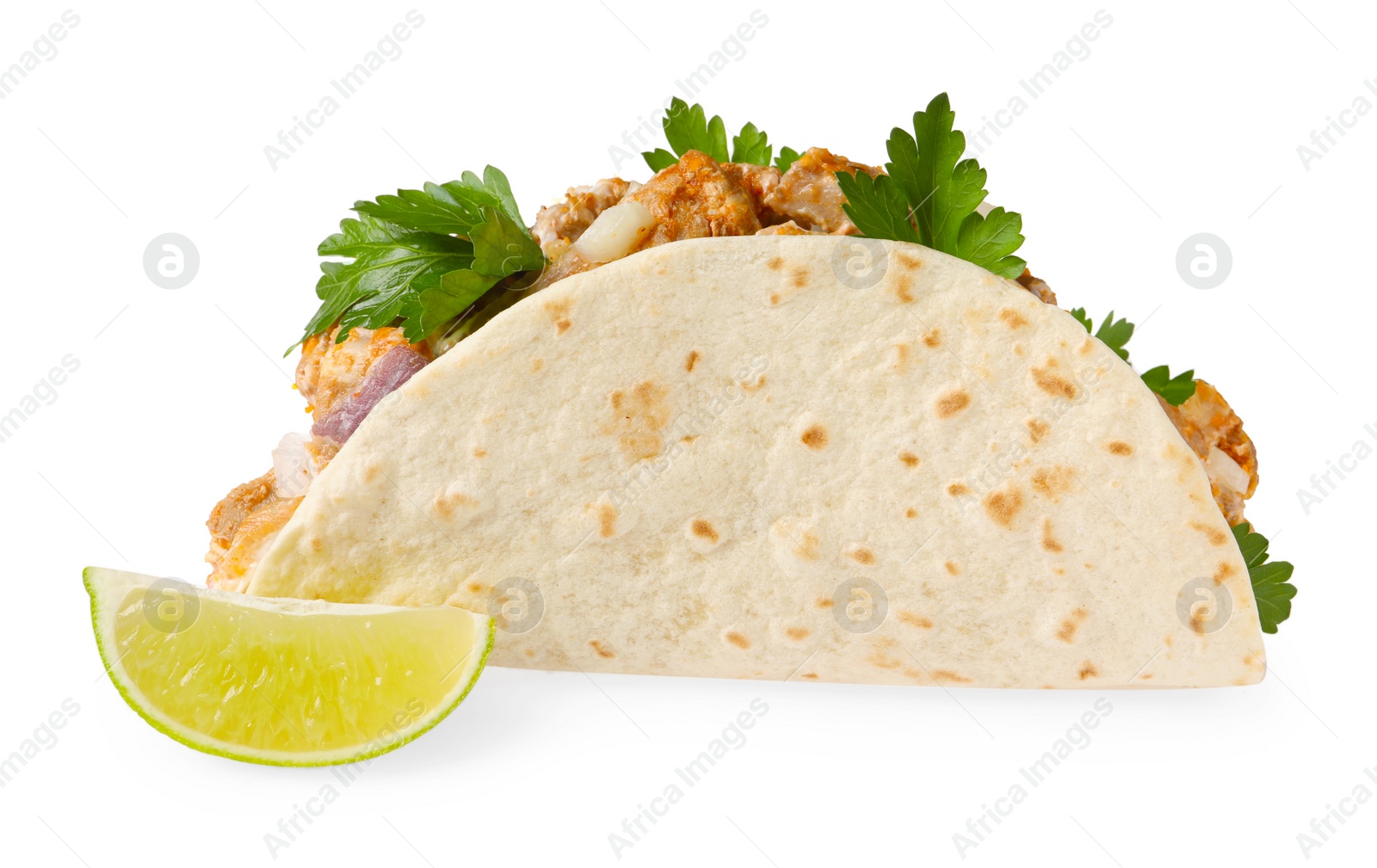 Photo of Delicious taco with meat and parsley isolated on white