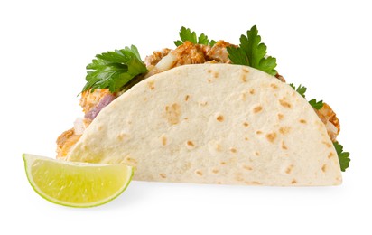 Photo of Delicious taco with meat and parsley isolated on white