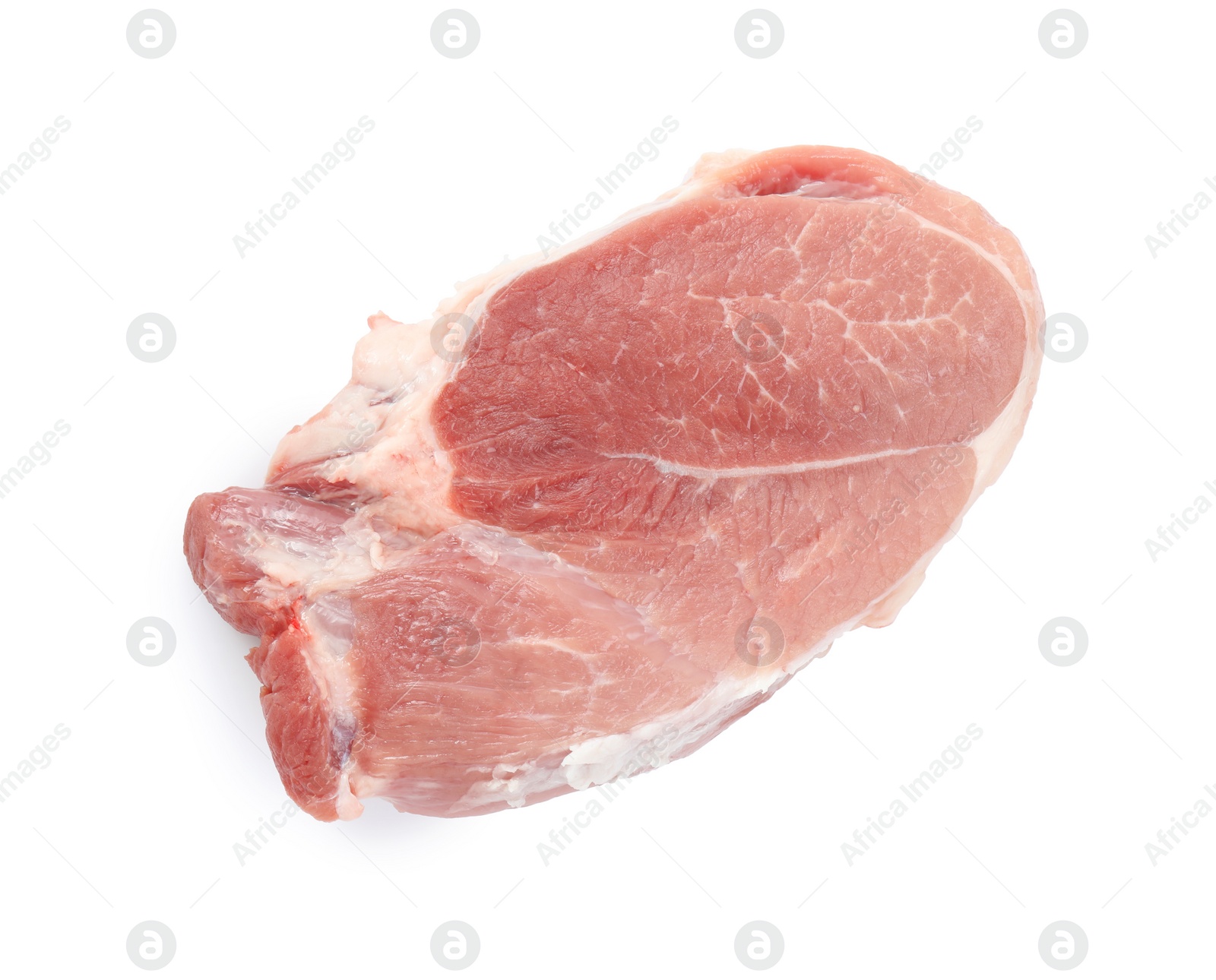 Photo of Piece of raw meat isolated on white, top view