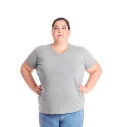 Photo of Overweight woman before weight loss on white background