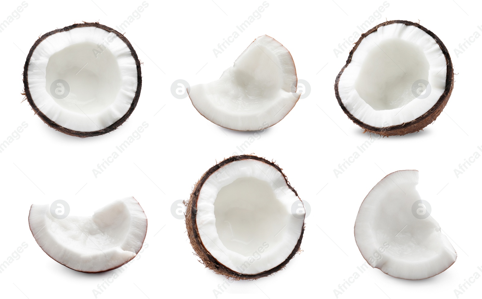 Image of Set with ripe coconuts on white background