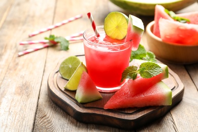 Delicious fresh watermelon drink on wooden table