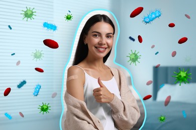 Image of Woman with strong immunity due to vaccination surrounded by viruses indoors
