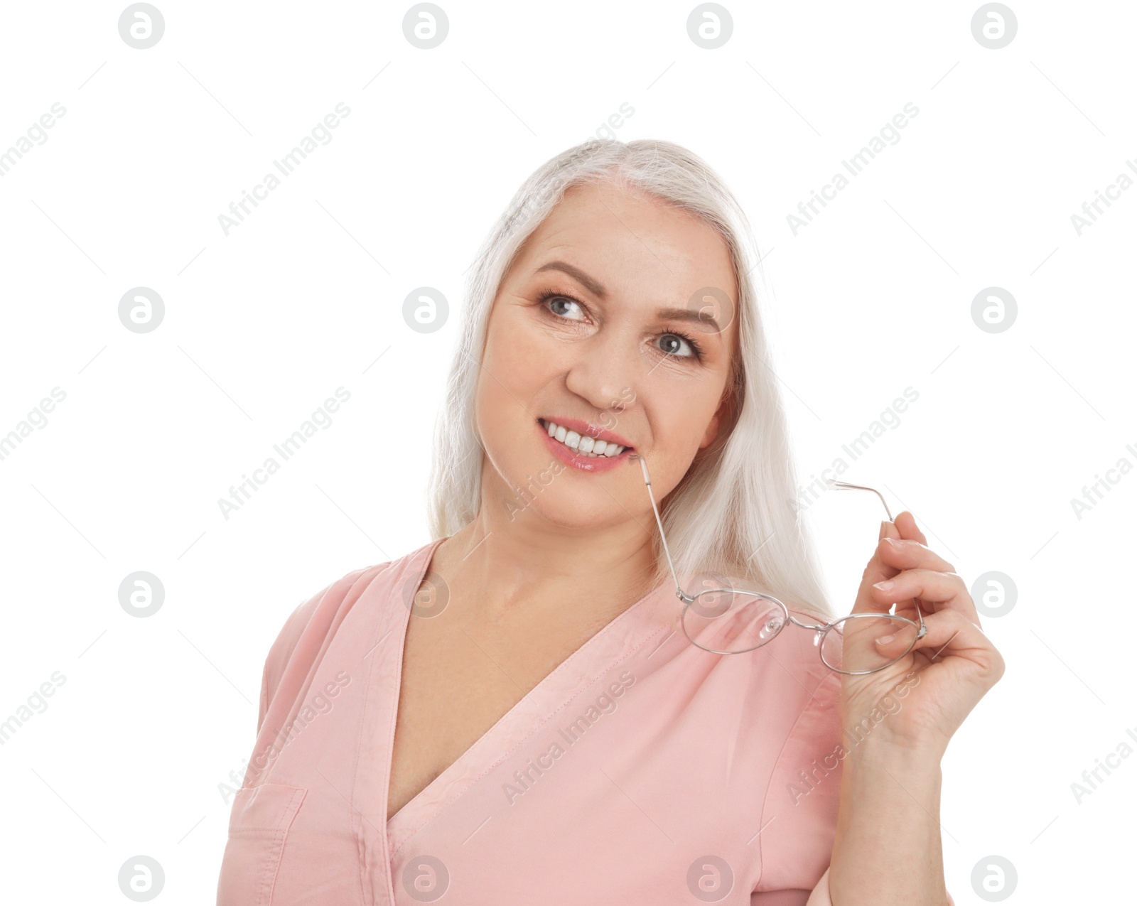 Photo of Portrait of mature woman isolated on white