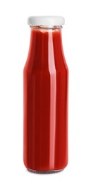 Photo of Tasty ketchup in bottle isolated on white. Tomato sauce
