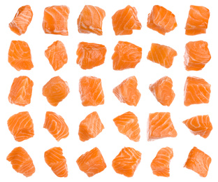 Set with pieces of fresh raw salmon on white background. Fish delicacy