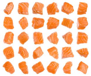 Image of Set with pieces of fresh raw salmon on white background. Fish delicacy