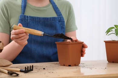 Photo of Woman planting seedling into pot at wooden table indoors, closeup