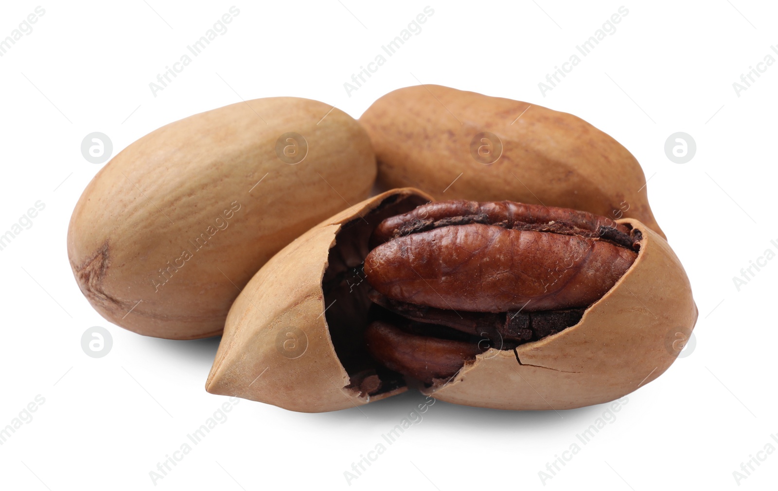 Photo of Three tasty pecan nuts isolated on white