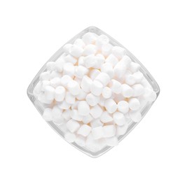 Bowl of delicious puffy marshmallows isolated on white, top view