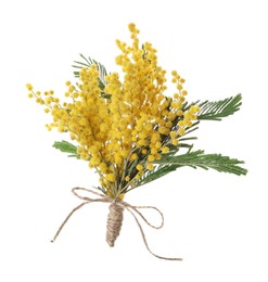 Photo of Bouquet of beautiful yellow mimosa flowers isolated on white