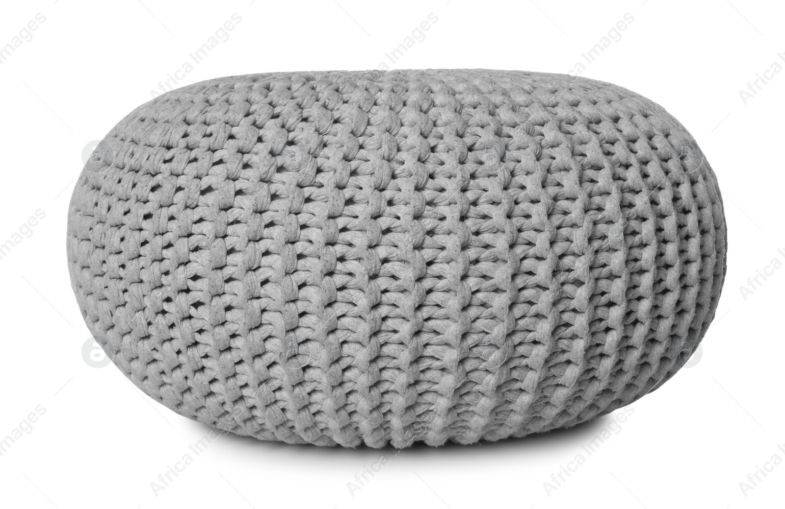 Photo of Stylish grey knitted pouf isolated on white