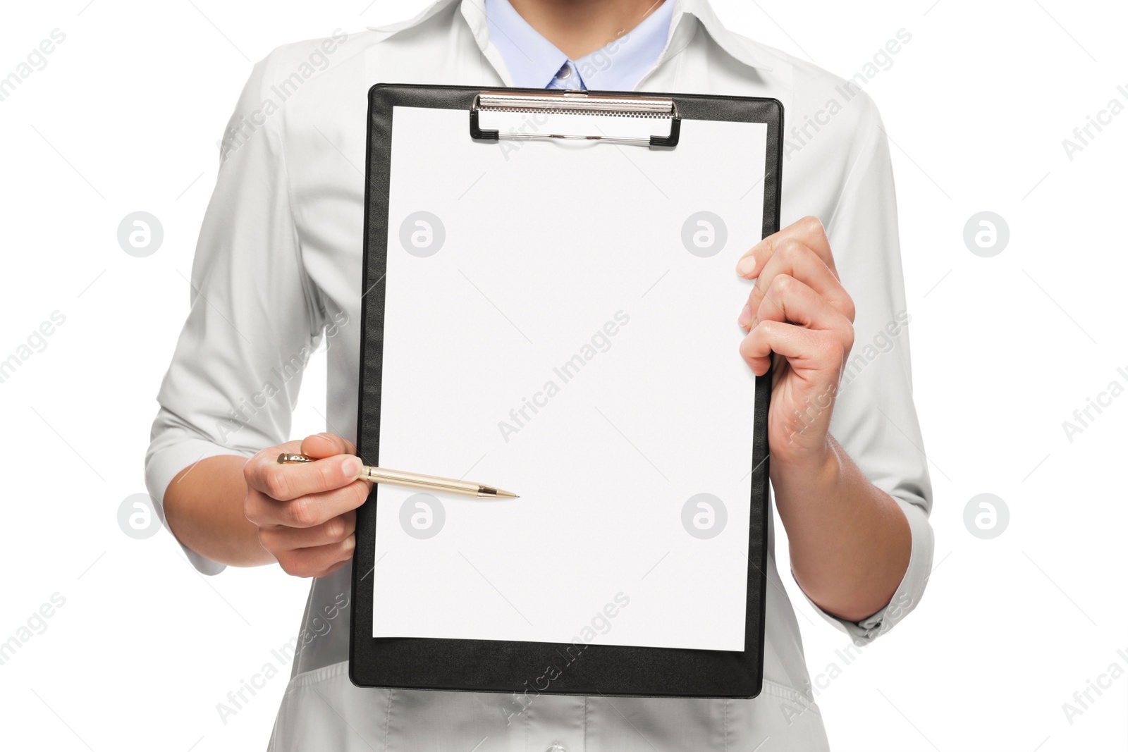 Photo of Ophthalmologist pointing at vision test chart on white background, closeup