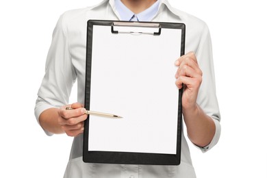 Photo of Ophthalmologist pointing at vision test chart on white background, closeup