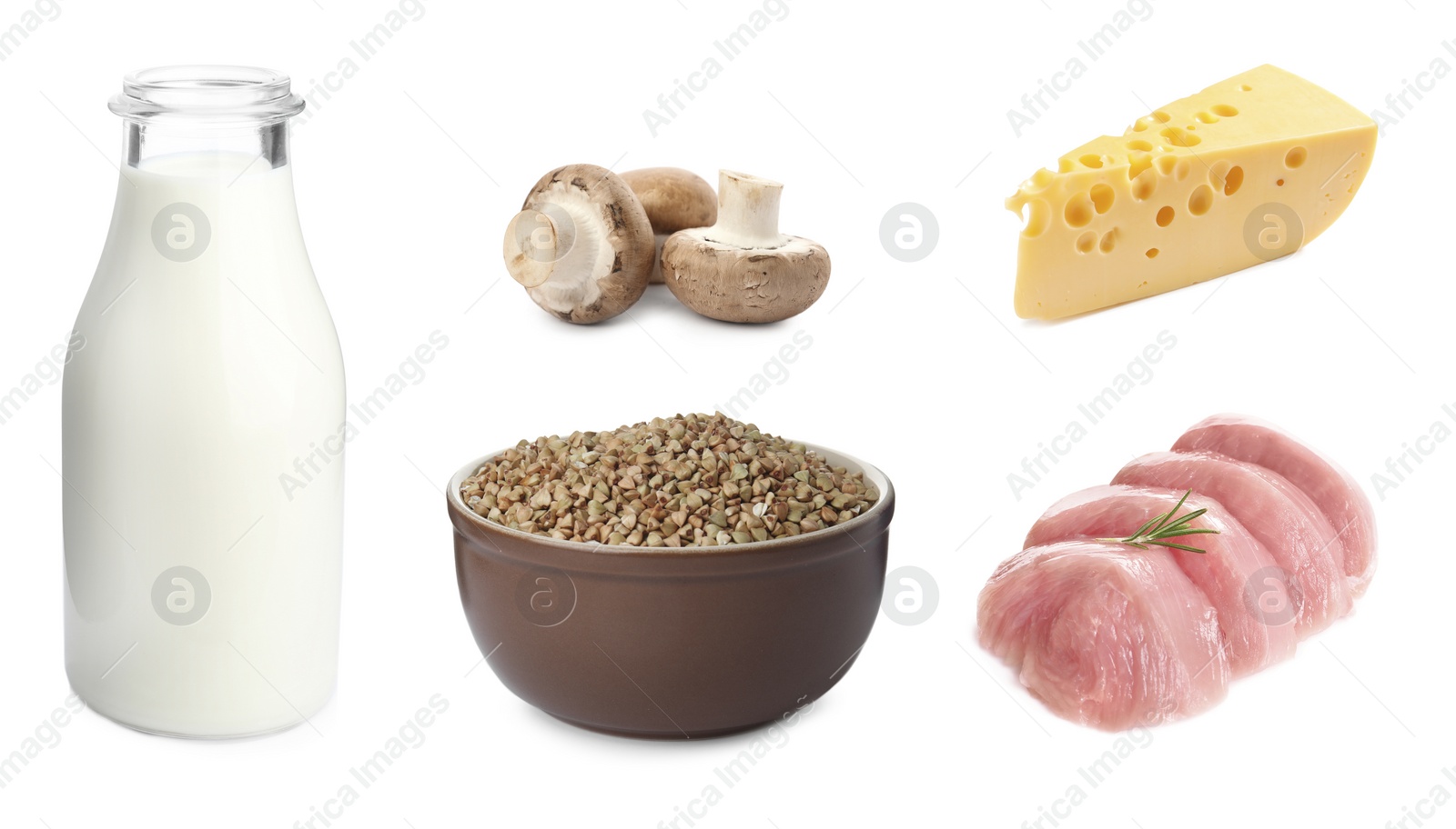 Image of Set with food rich in protein on white background