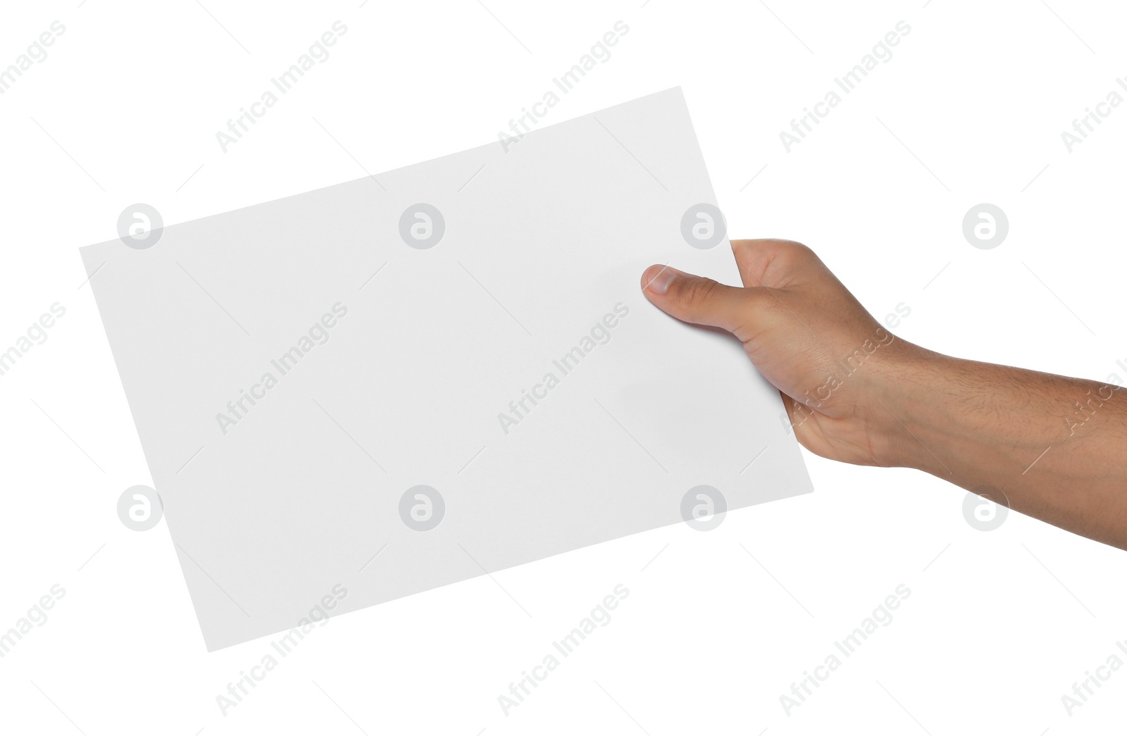 Photo of Man holding sheet of paper on white background, closeup. Mockup for design