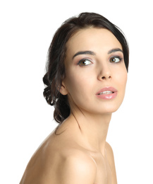 Portrait of young woman with beautiful hair on white background