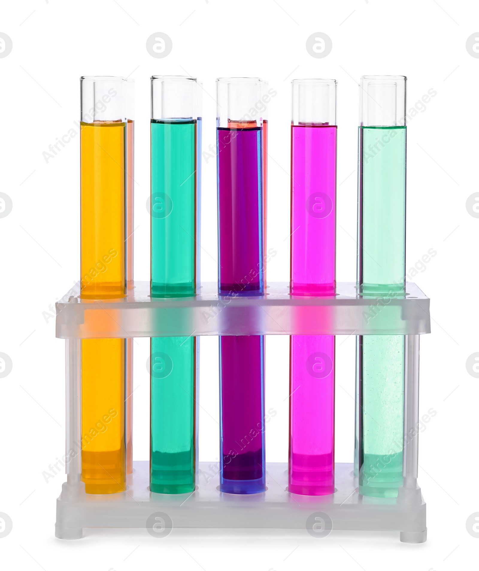 Photo of Many test tubes with colorful liquids in stand on white background