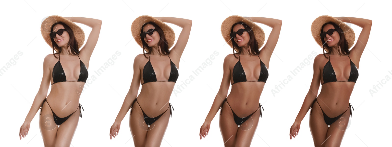 Image of Woman with beautiful body on white background. Banner collage showing stages of suntanning