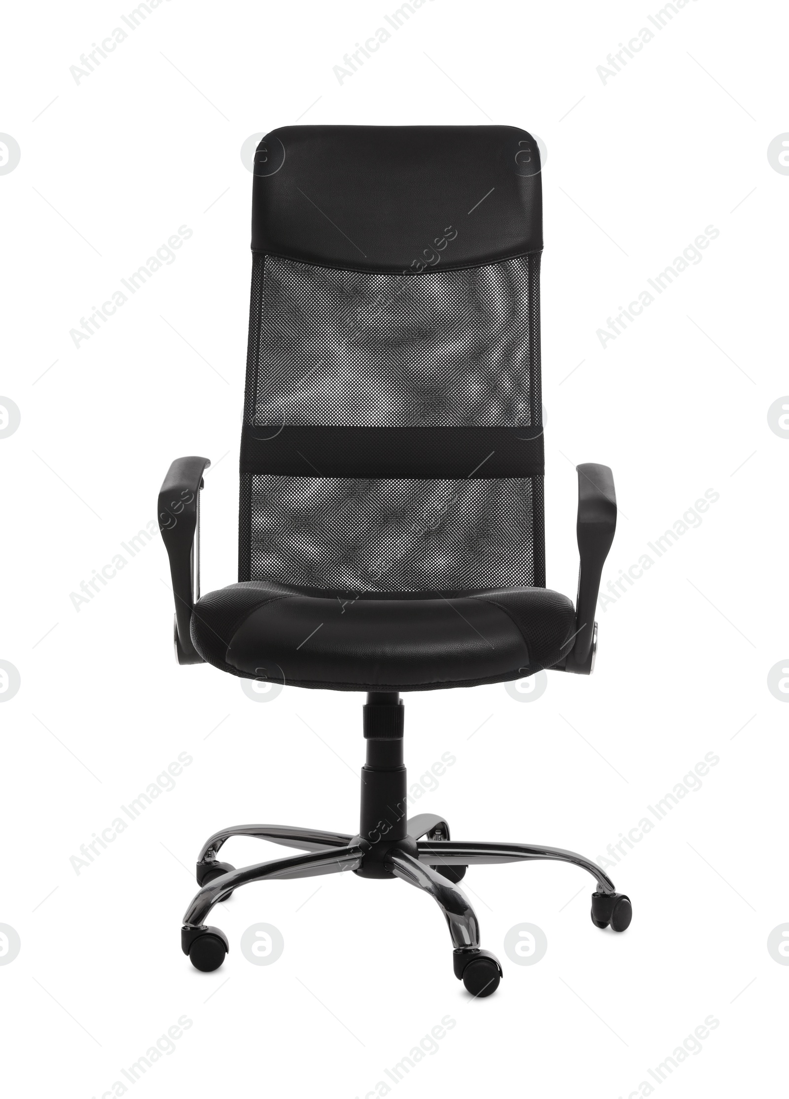 Photo of Comfortable office chair with leather seat isolated on white