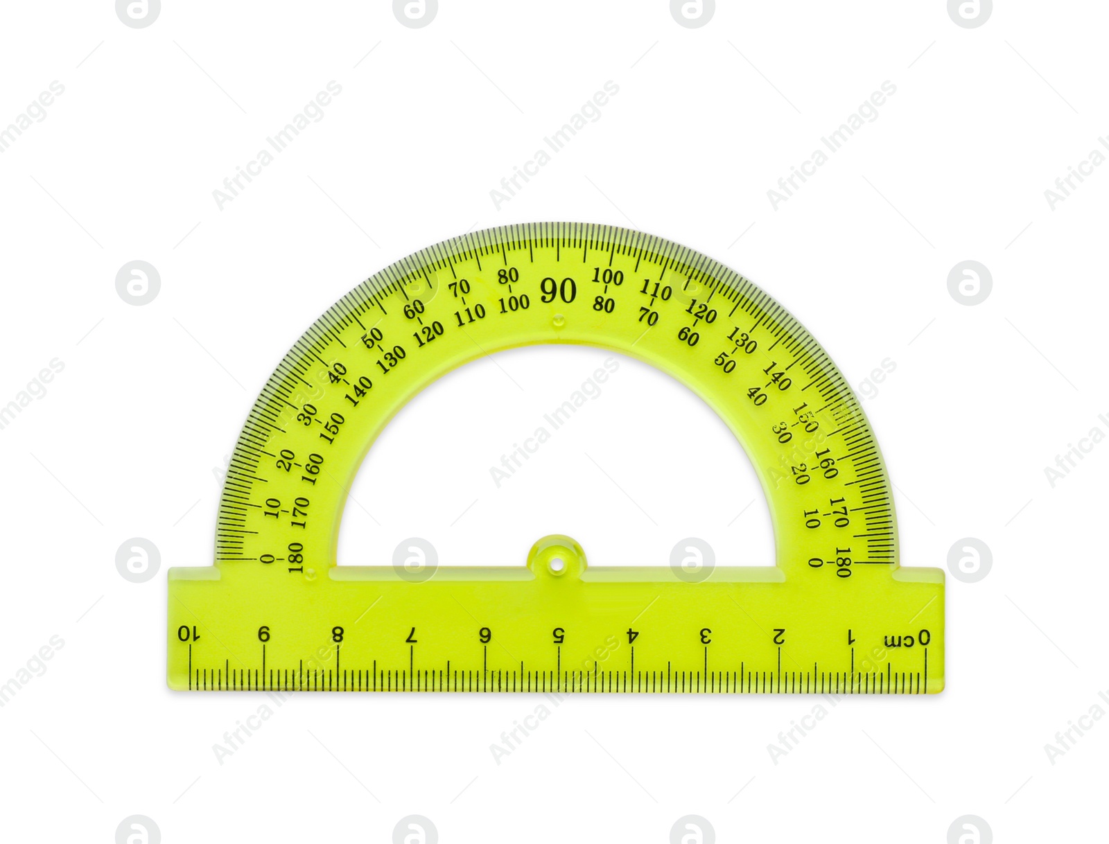 Photo of Colorful protractor on white background. School stationery