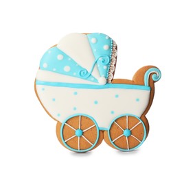 Tasty cookie in shape of stroller isolated on white. Baby shower party